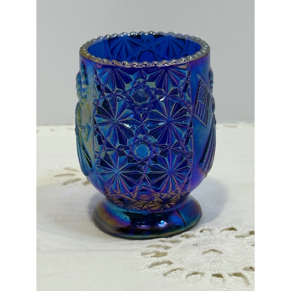 Blue Carnival Glass Betsy Ross with Flag Toothpick Holder Iridescent Votive - Picture 4 of 7